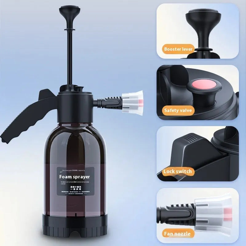 Black 2 litre foam watering can with hand-held sprayer and two nozzle attachments