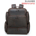 Dark brown retro genuine leather backpack for men showing front view with double straps and soft handle.
