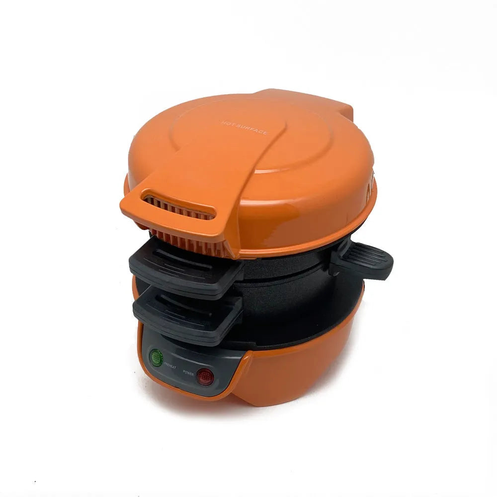 Household breakfast machine with sandwich maker and egg cooker functions in bright red colour