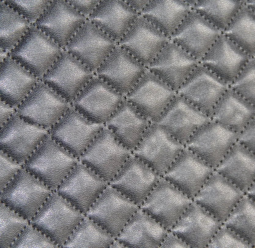 Black quilted automotive seat cover made of PU and polyester with plastic hooks.