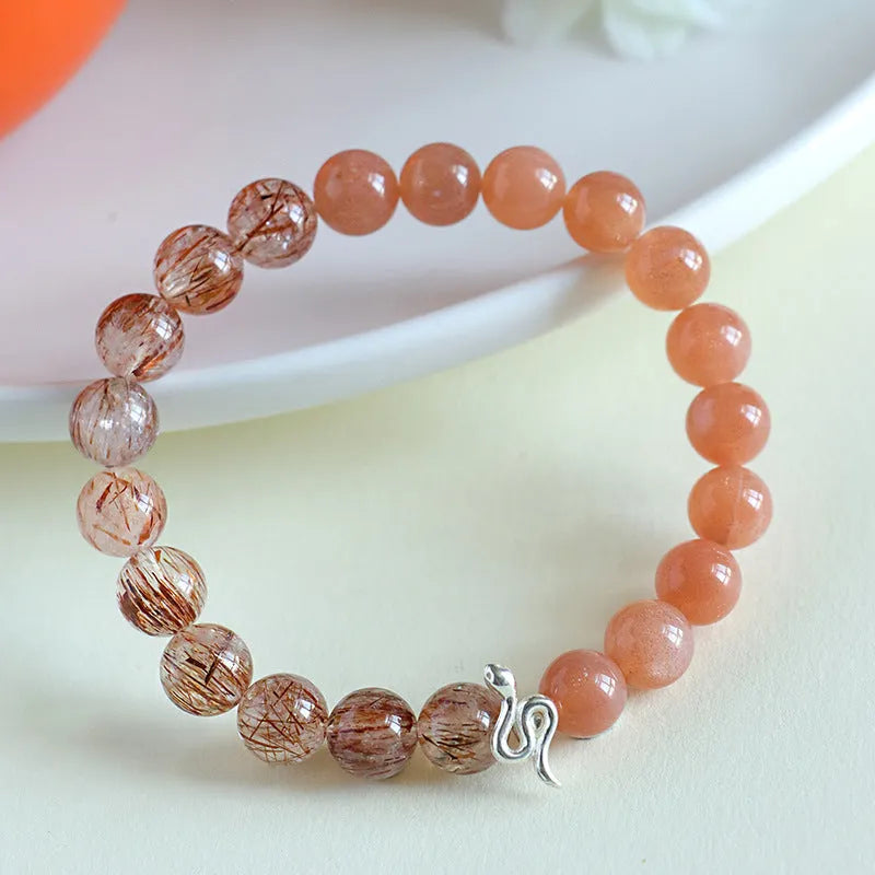 925 silver snake beaded couple bracelet with natural sunstone and black crystal beads on unisex chain