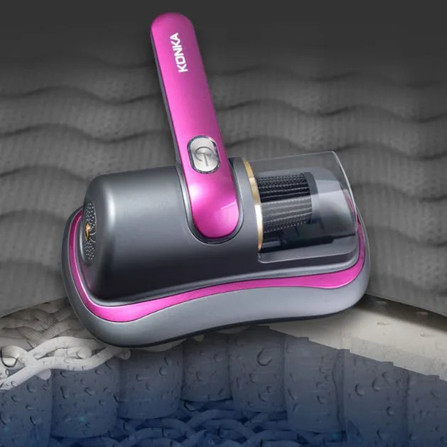 Blue home mite removal instrument with UV sterilization and wireless vacuum cleaner on a bed