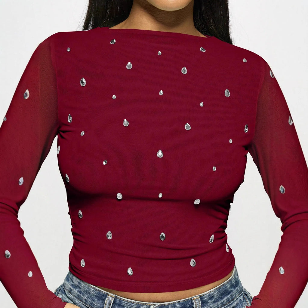 Wine red women's long sleeve mesh rhinestone bottoming top pullover