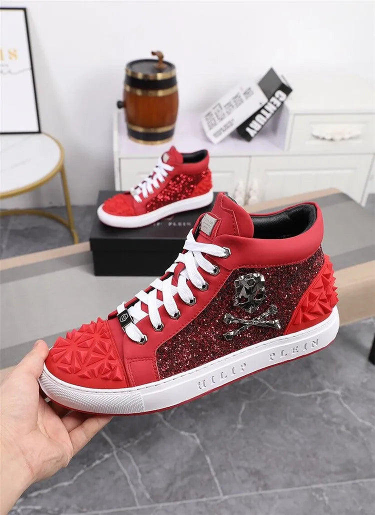 Men's black genuine leather skeleton high top shoes with lace-up closure and round toe design