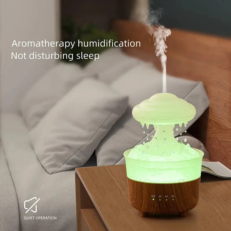 Wood grain white rain cloud shaped humidifier diffuser with coloured LED lights on a table