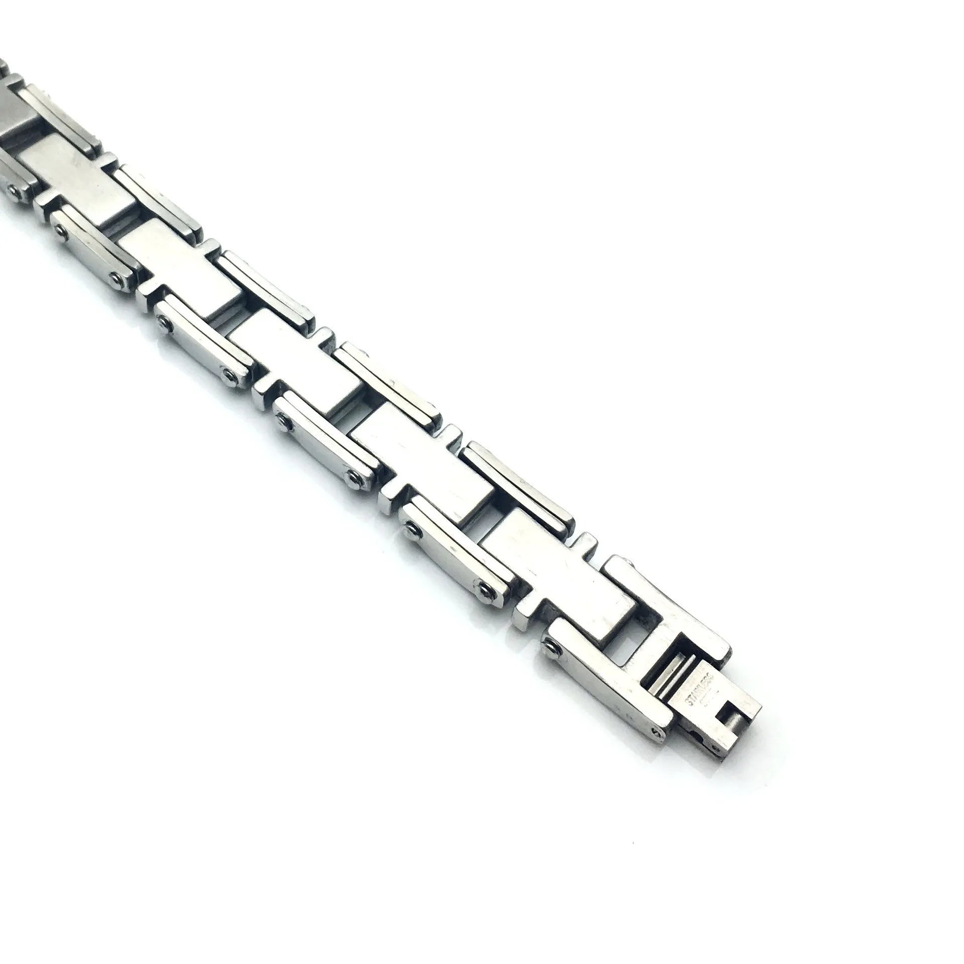 Men's titanium steel bracelet with polished geometric segment design in steel colour