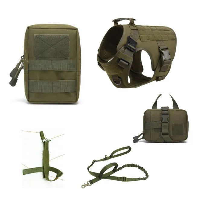 Tactical dog harness and leash set in camouflage with metal buckles and five-piece kit