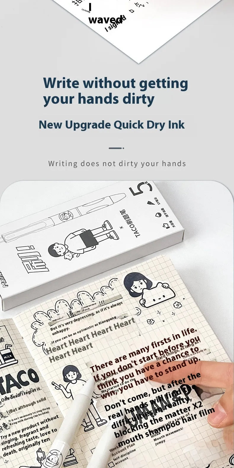 Set of five white and black 0.5mm ballpoint pens with quick-drying ink.