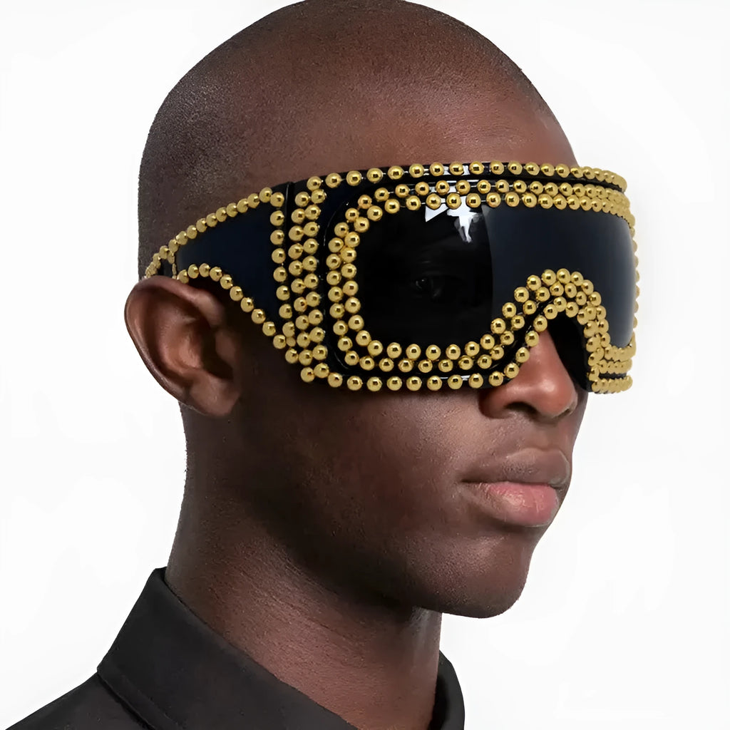 Men's super large rim square sunglasses with punk rivet detailing in silver colour