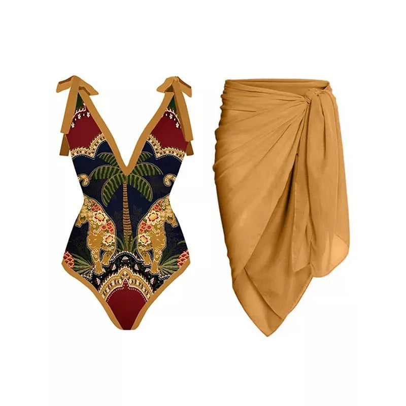 Women's solid colour spaghetti strap one-piece swimsuit with a matching skirt.