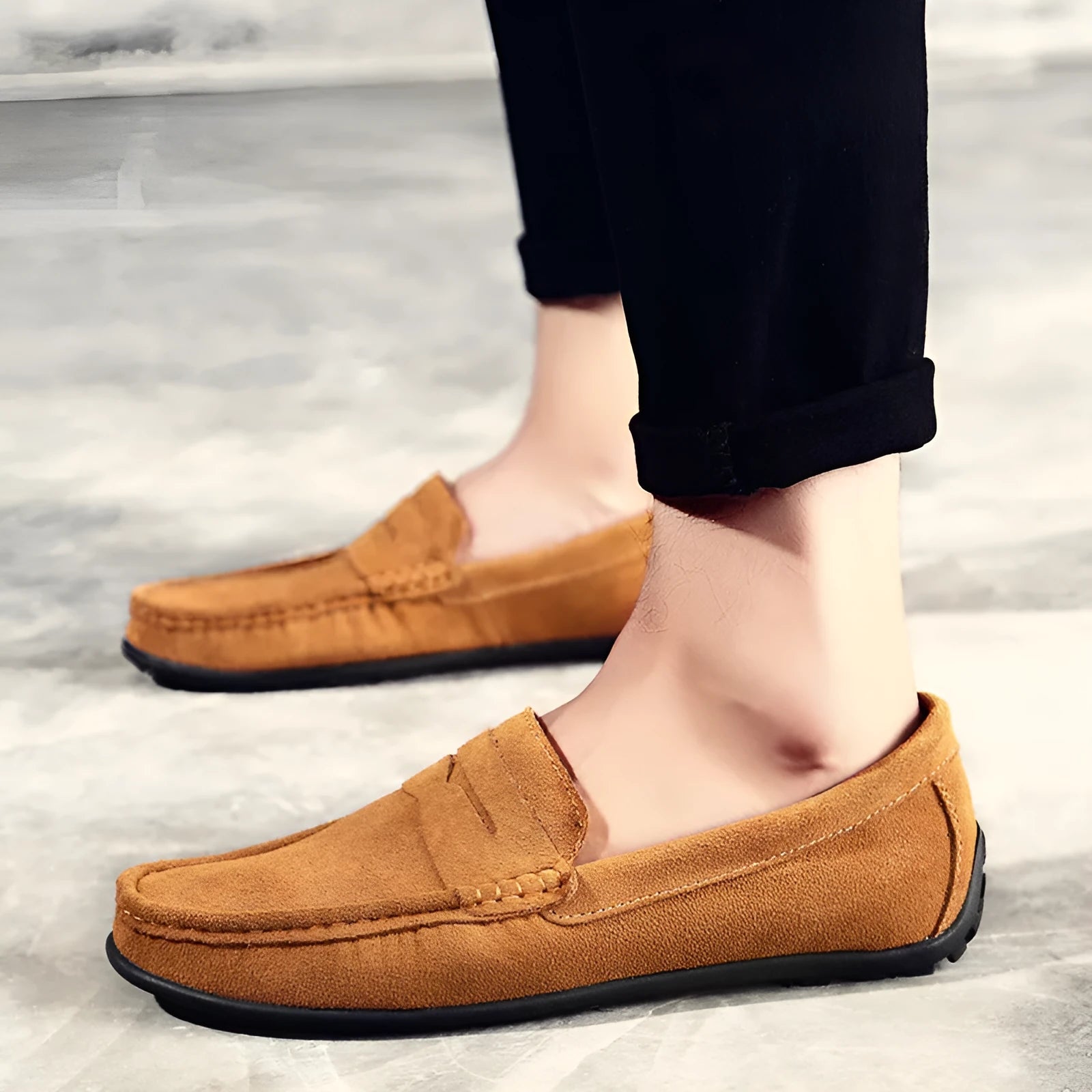 Men's suede Gommino loafers in dark green with round toe, sewing details, and a rubber sole.