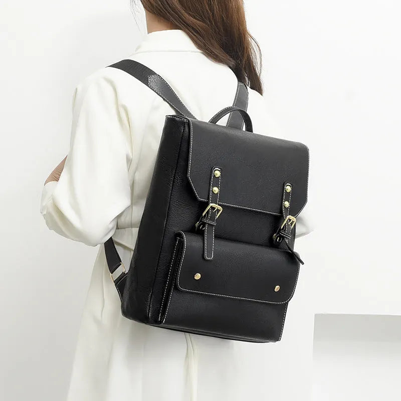 Korean retro style PU backpack in black showing soft construction and ventilation features