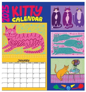 A4 paper wall calendar with cat-themed artwork for monthly planning, available for 2024 or 2025.