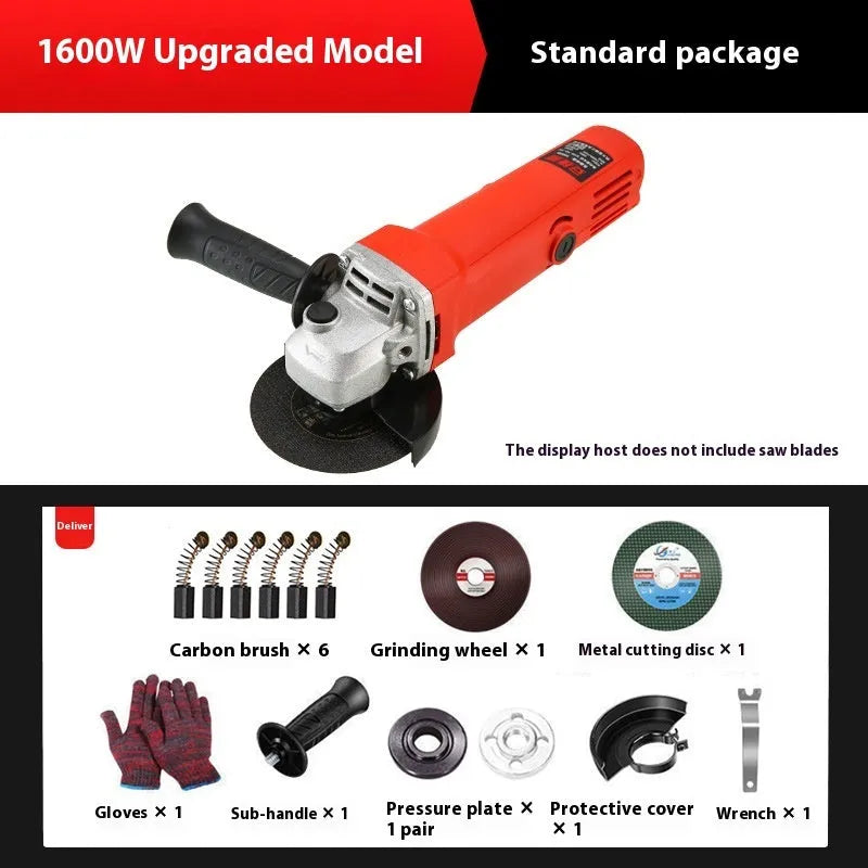 Angle grinder with 710W input, 1600W output, 100mm disc, and 10mm chuck for cutting and grinding