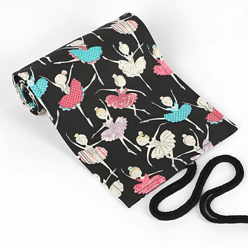 Ballet girl printed canvas rolling pencil case showing square design with multiple pencil compartments