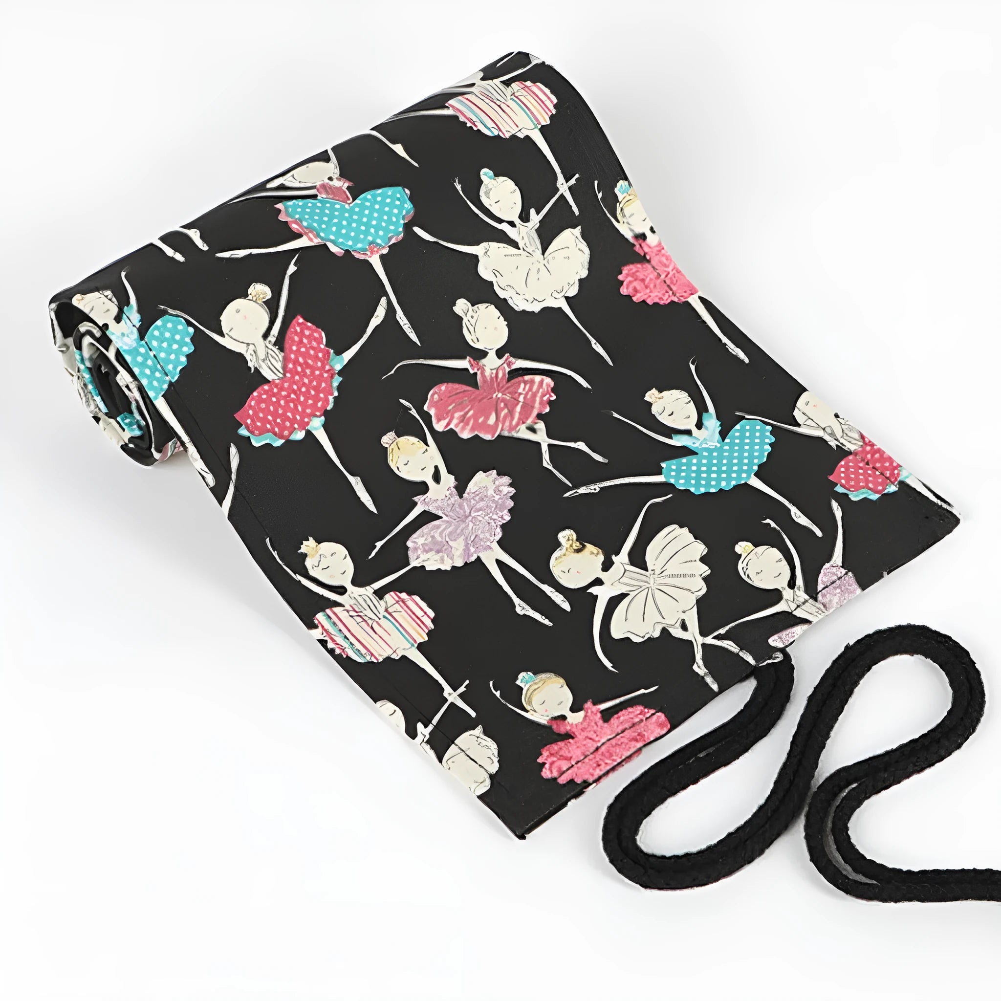 Ballet girl printed canvas rolling pencil case showing square design with multiple pencil compartments