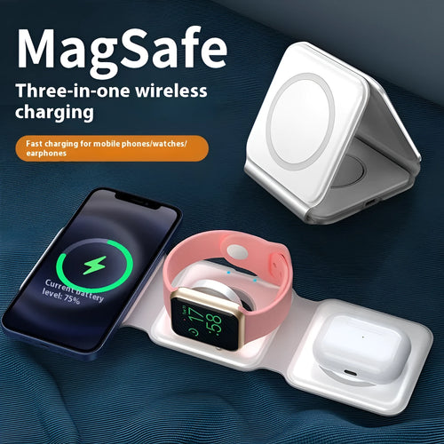 3 In 1 Magnetic Wireless Charging Folding Mobile Phone Holder in black, ABS silicone construction, foldable design