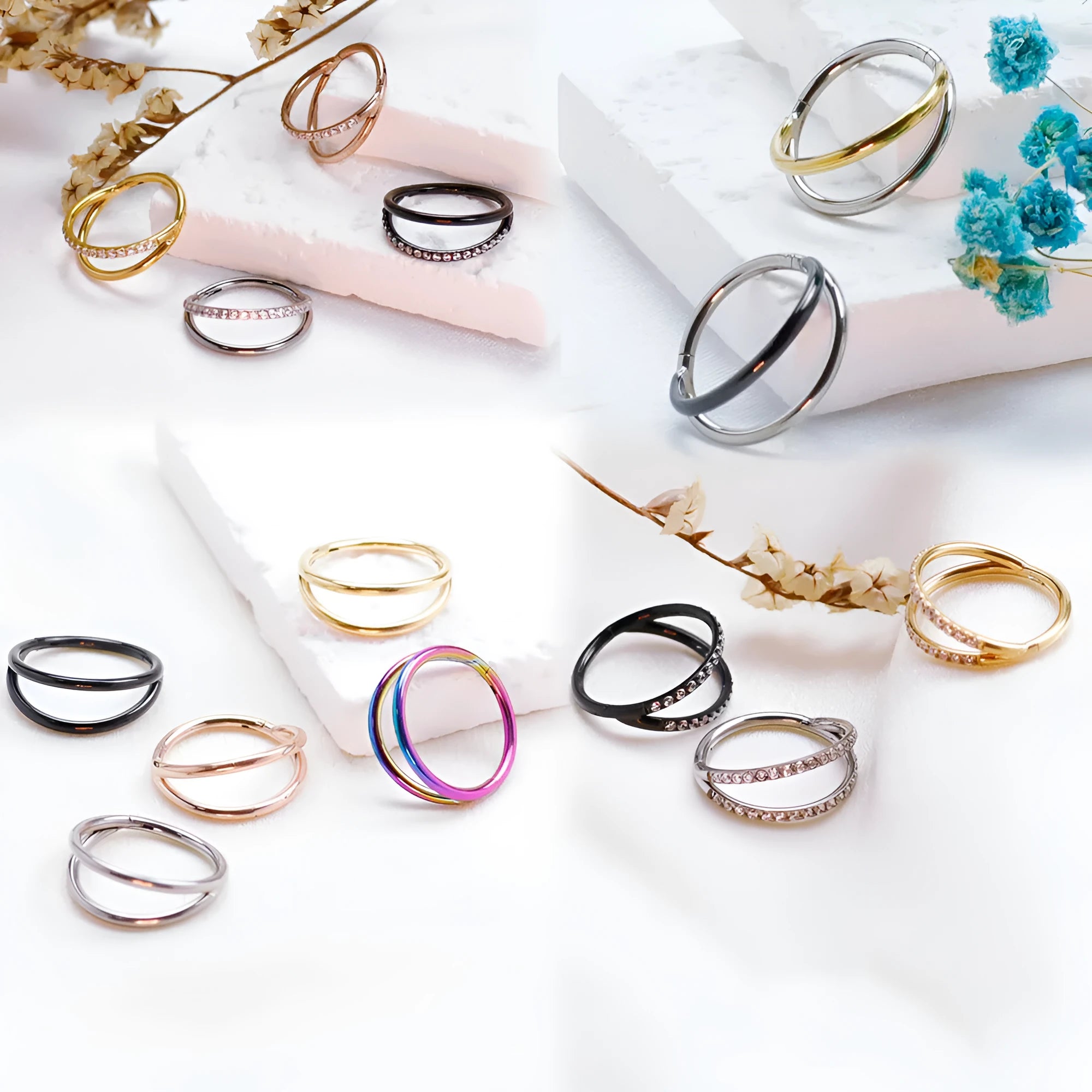 Titanium alloy fork nose ring piercing jewellery in silver, gold, black, or rose gold on a plain background.