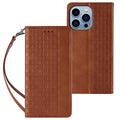 Embossed leather flip phone case for iPhone in black, shown open.