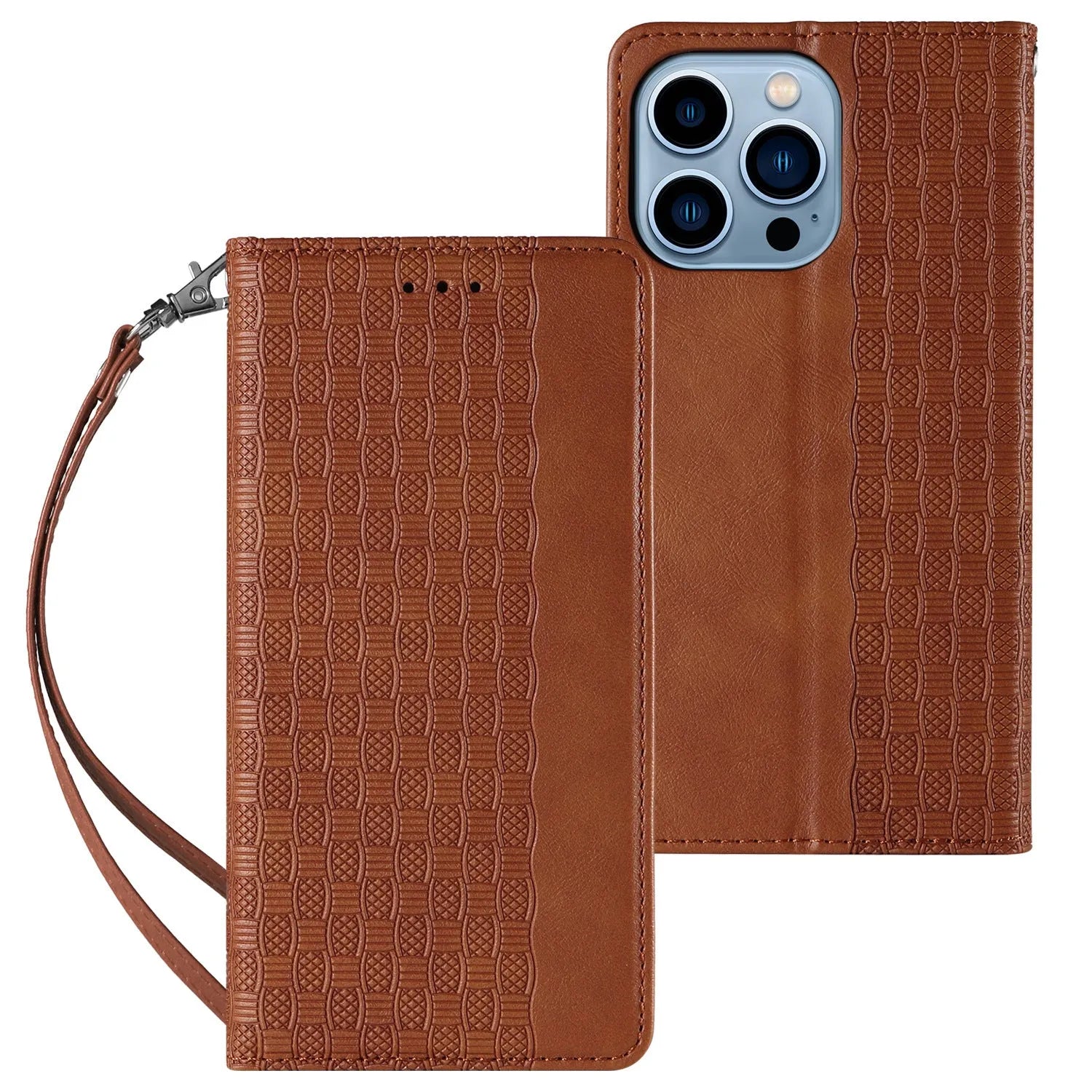 Embossed leather flip phone case for iPhone in black, shown open.
