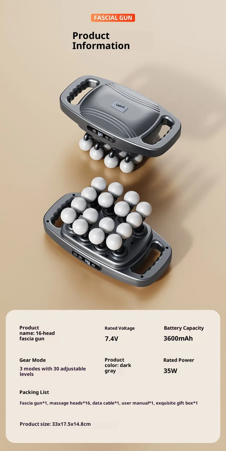 Grey professional-grade vibration massager with brushless motor and multi-gear adjustment, more than 5 gears, 46-70dB.