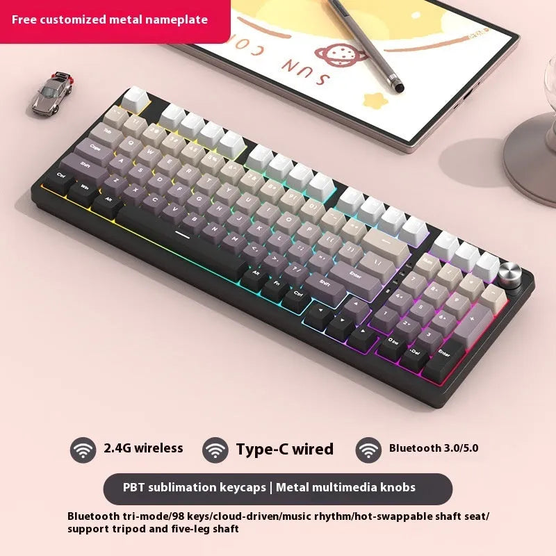 98 key wireless Bluetooth mechanical keyboard kit with optional display screen and metal knob