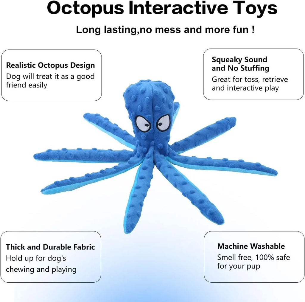 Blue octopus-shaped plush dog toy with crinkle paper and squeaker, no stuffing, for small medium large dogs.