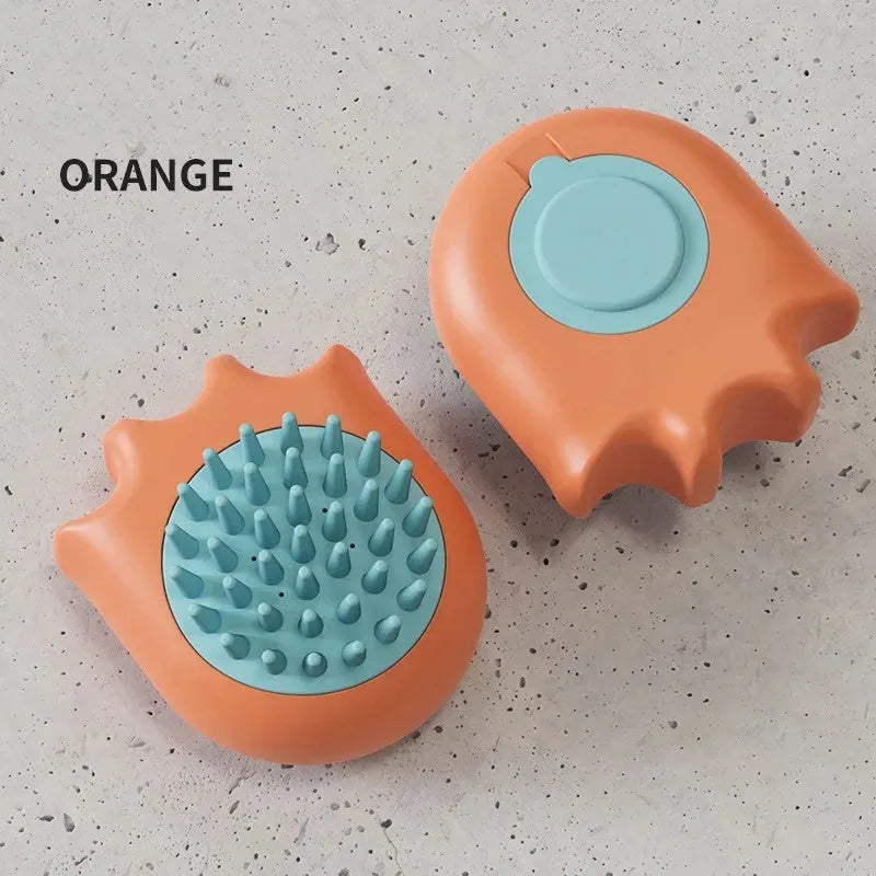 Blue pet bath brush with built-in shampoo compartment for washing cats and dogs