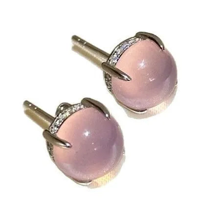 Copper four-claw chalcedony stud earrings in geometric round shape with national fashion style