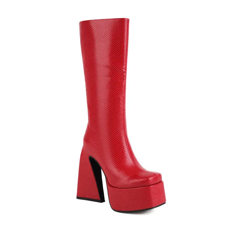 Women's artificial PU leather high boots in black, red, blue, and white colours showing ankle and lower calf coverage