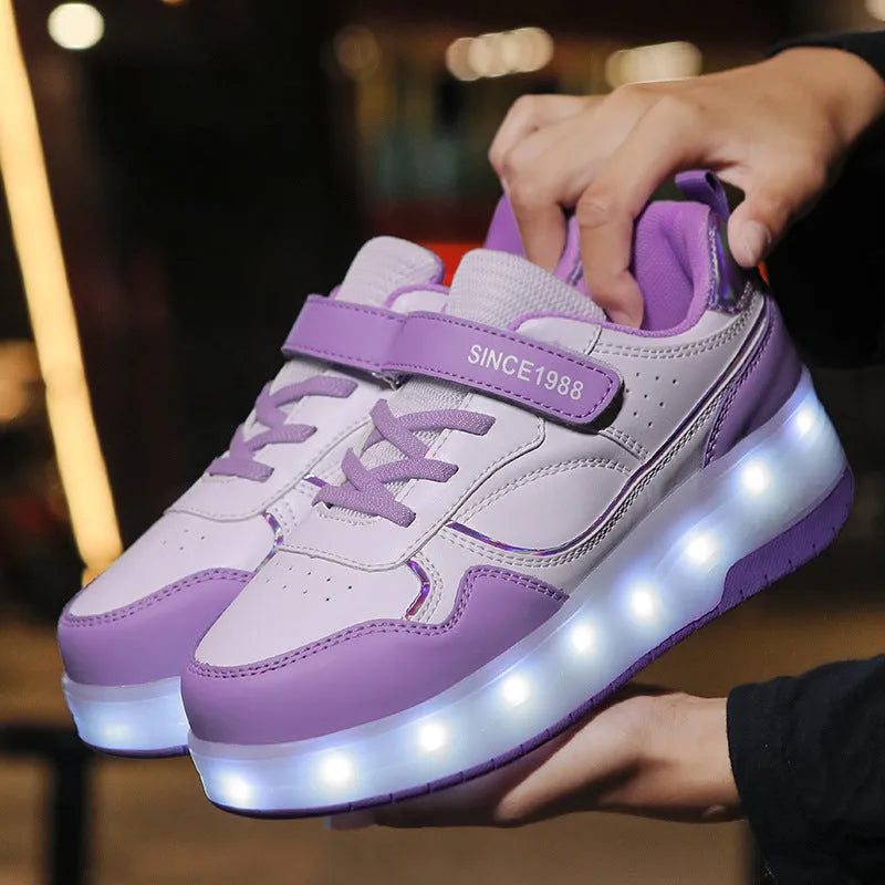 Child wearing pink charging flash roller skates with LED light-up wheels illuminated.