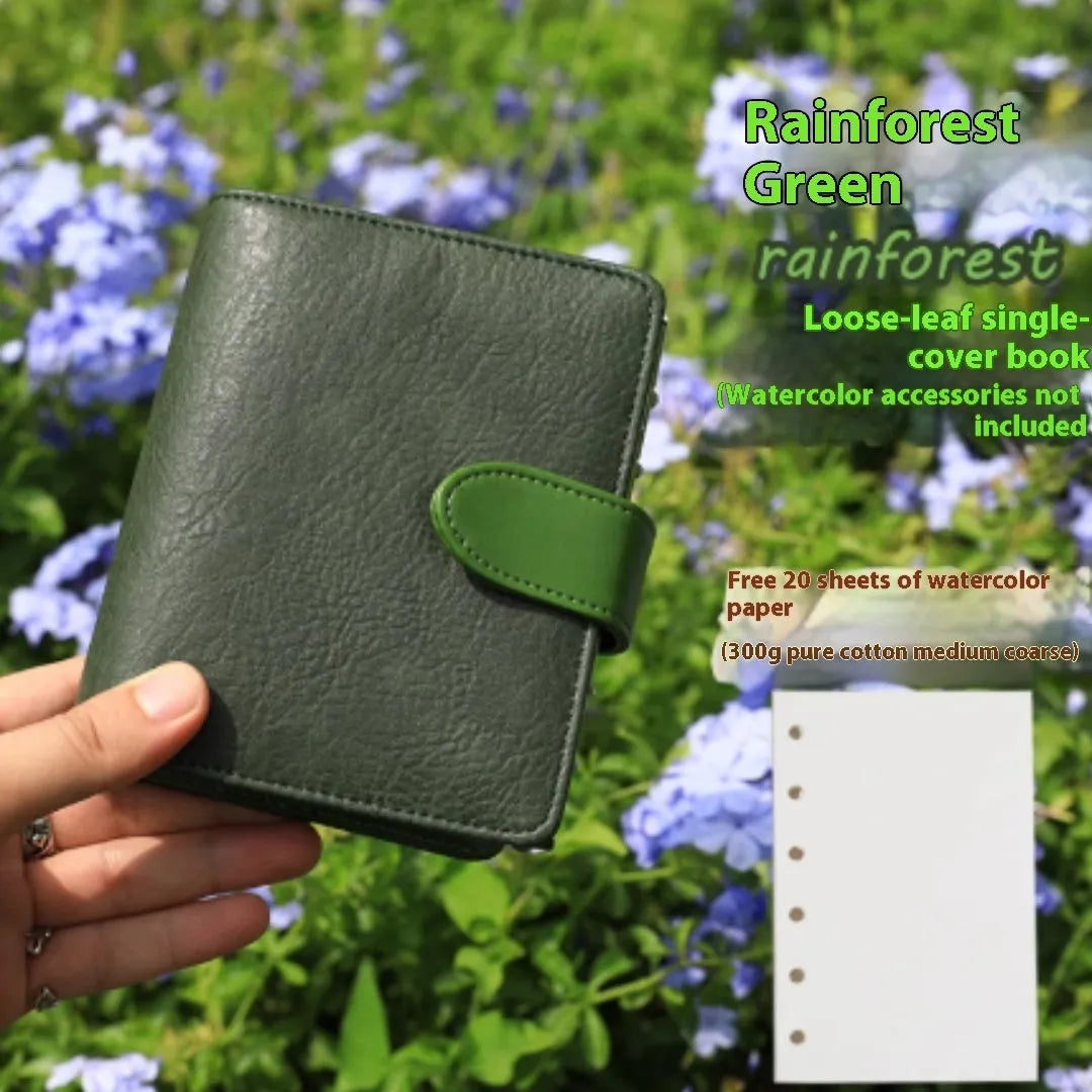 A7 mini loose-leaf watercolour sketchbook in avocado green, hazelnut brown, mango pudding, mocha coffee, or rainforest green.