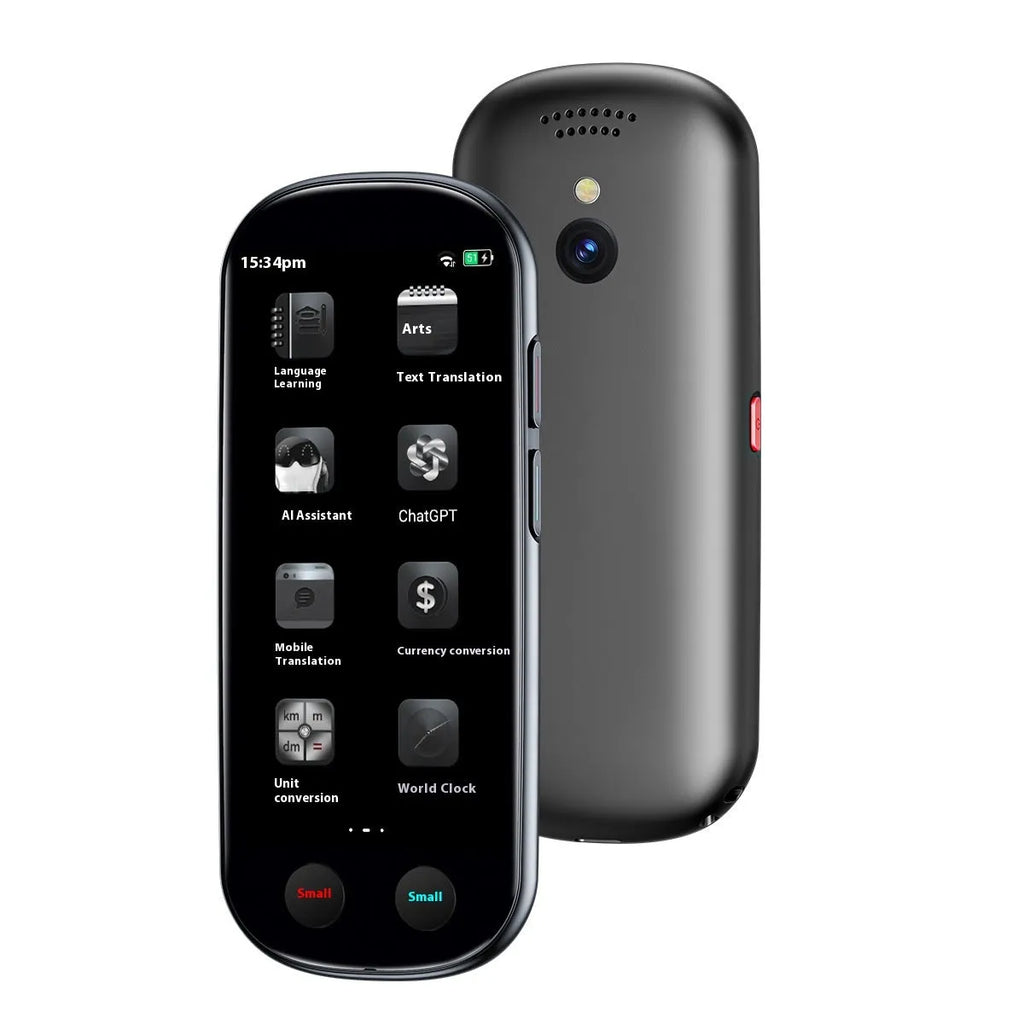 Black multi-language simultaneous interpretation translator device with charging cable and lanyard for business use.