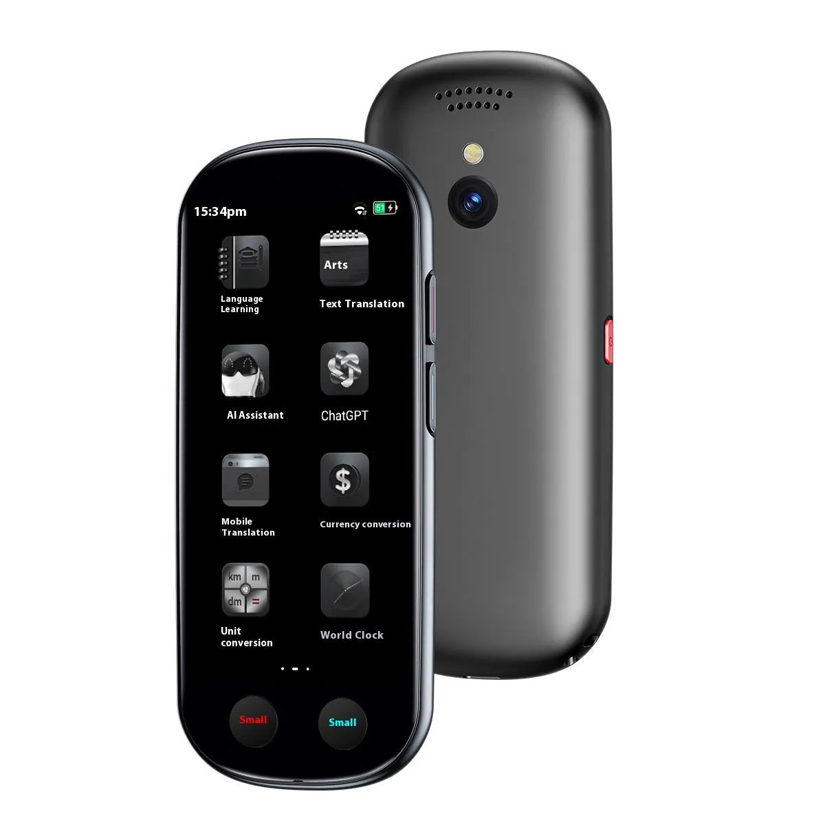 Black multi-language simultaneous interpretation translator device with charging cable and lanyard for business use.