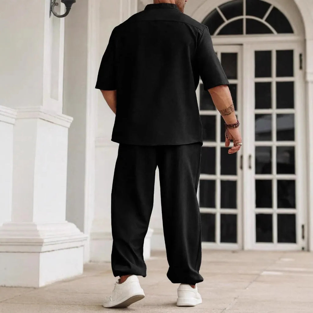 Men's cotton linen casual trousers set with short-sleeved shirt in black, grey or apricot colours