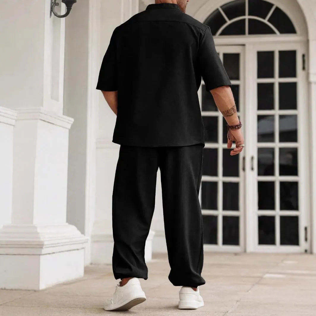 Men's cotton linen casual trousers set with short-sleeved shirt in black, grey or apricot colours