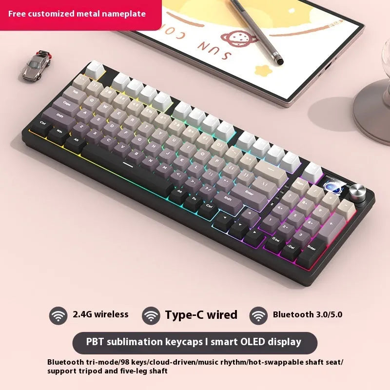 98 key wireless Bluetooth mechanical keyboard kit with optional display screen and metal knob