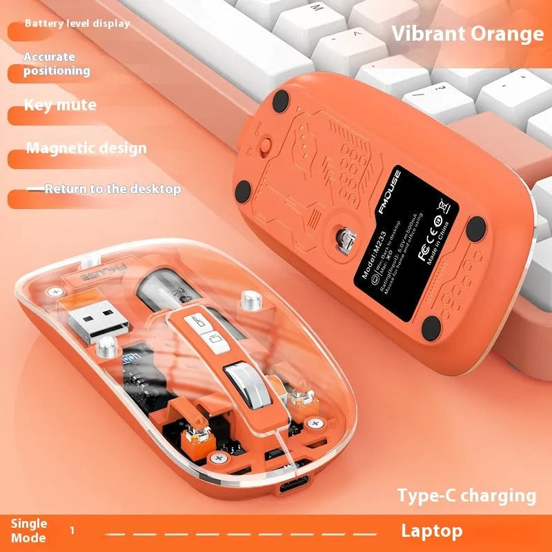 Transparent wireless computer mouse showing internal components with USB connector