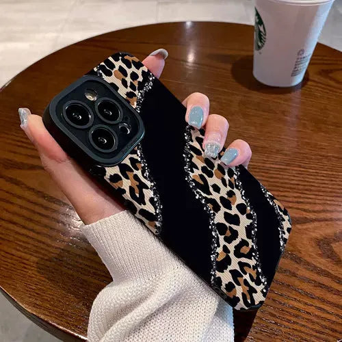 Black stitching leopard print imitation leather drop-resistant phone case for Apple iPhone models