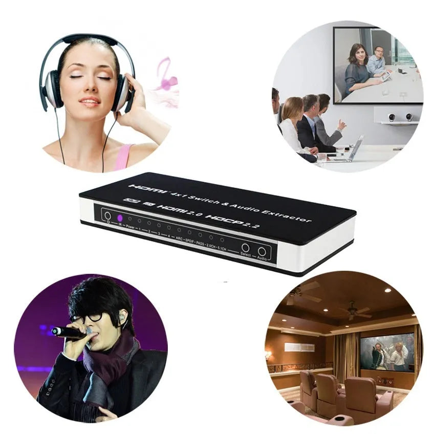 Black HDMI switch with remote control and connection cables for 4-in-1 video switching