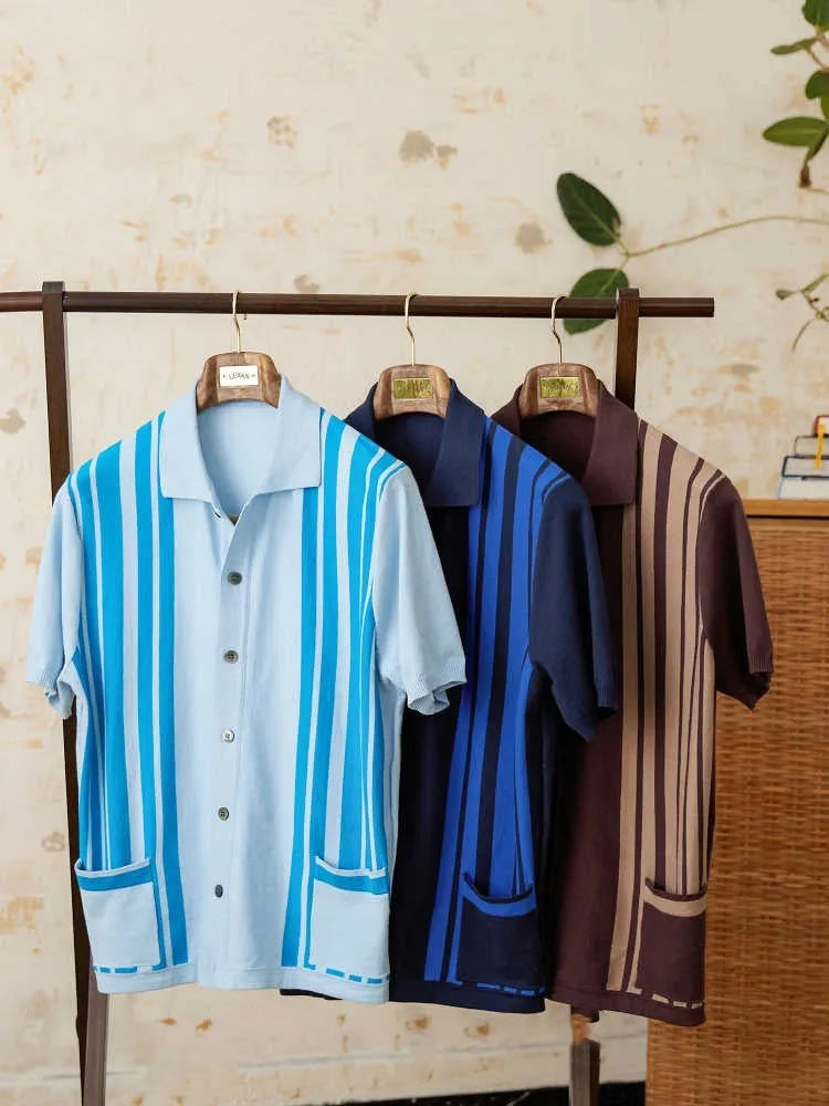 Men's striped short-sleeved polo shirt with a knitted cardigan design in light blue.