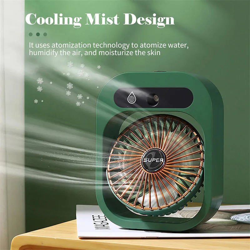 Green and white portable USB misting fan with water tank and adjustable air vent on a desk.