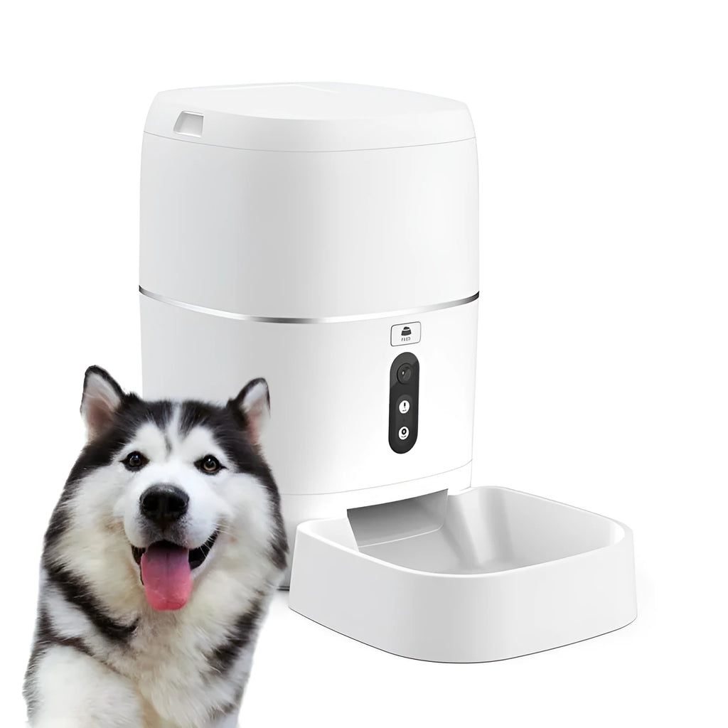 White ABS smart pet automatic feeder and water feeder, voice or video version, 220V US, 207 x 207 x 339 mm
