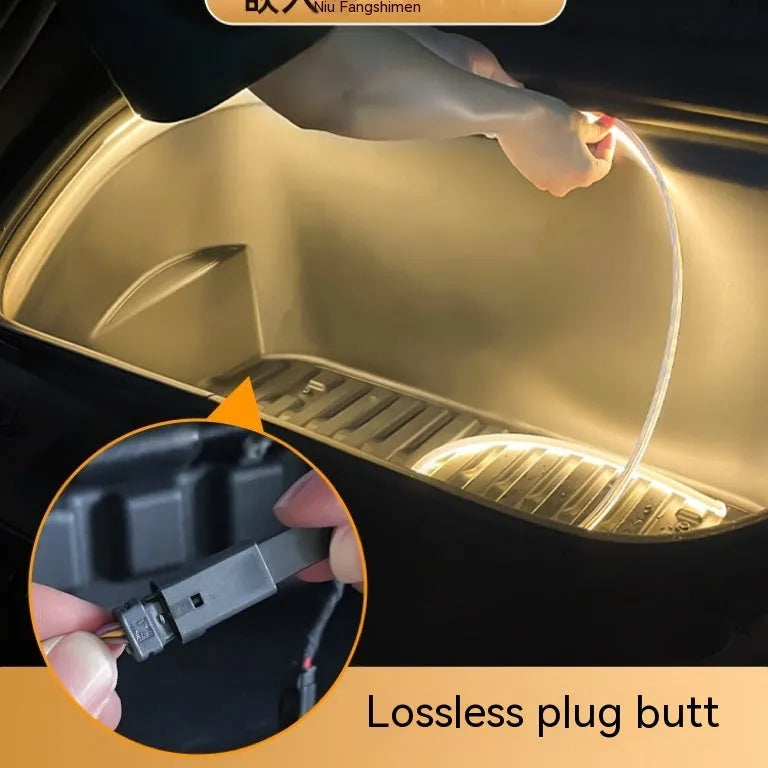 Tesla Model 3 Y front ambience light kit with soft silicone light bar in pure white, warm white, or ice blue colour options.