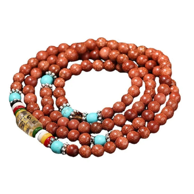 Golden star stone colour bracelet with six-words mantra and multi-circle design featuring fu character symbols