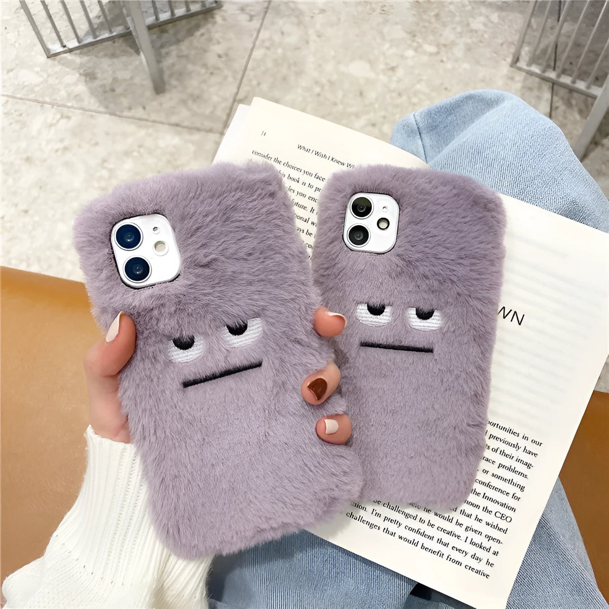 Purple plush phone case cover with funny emoticon design for iPhone models