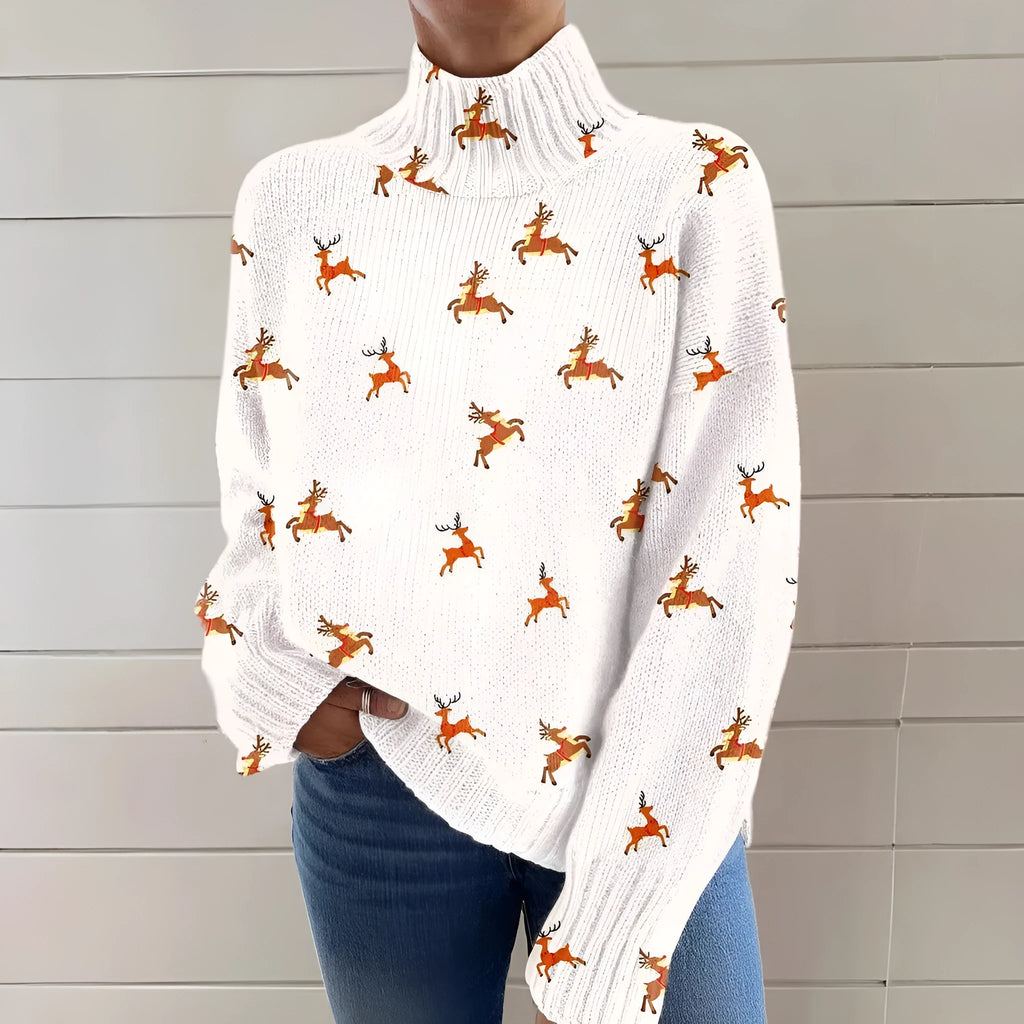 Women's Christmas printed turtleneck sweater in macaron colours with loose fit design