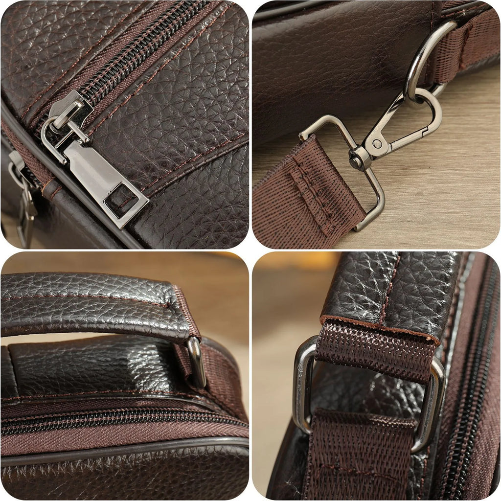 Men's top grain leather crossbody bag in brown with stitching detail and expandable side panels
