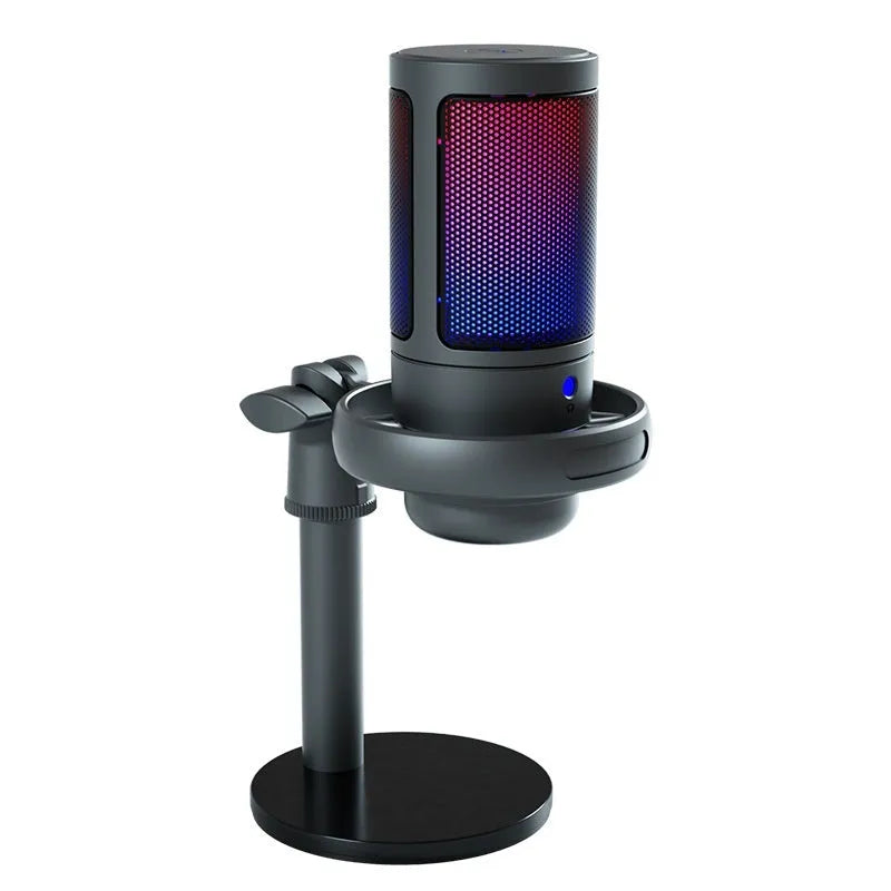 USB condenser microphone with RGB lighting in black, white, or pink for live streaming