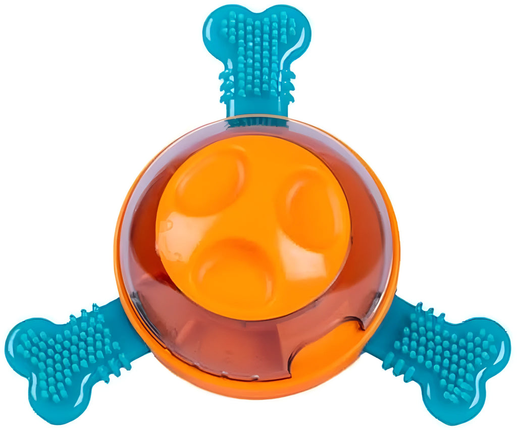 Blue dog slow feeder toy with rubber bones for small to medium breed mental stimulation